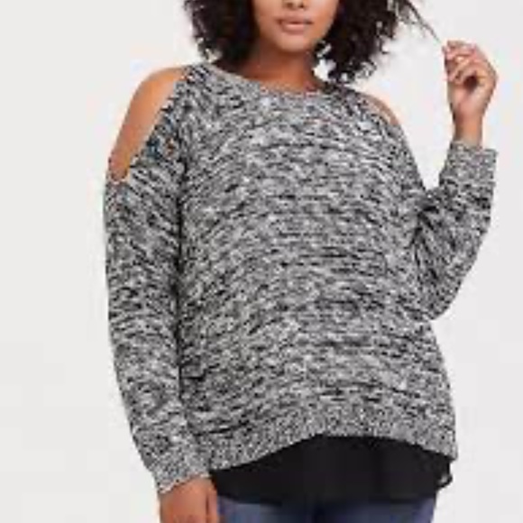 BLACK & WHITE MARLED COLD SHOULDER 2FER SWEATER-KNIT TOP - Picture 1 of 7